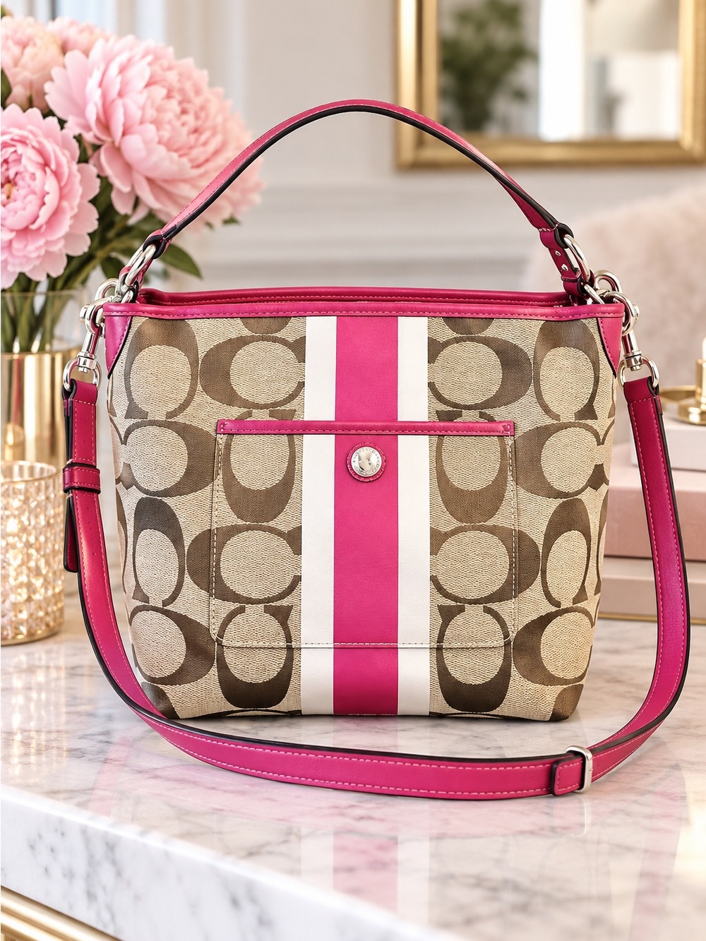 Vintage Y2K Coach Hamptons Signature Stripe Tote Pink Leather Style 10055